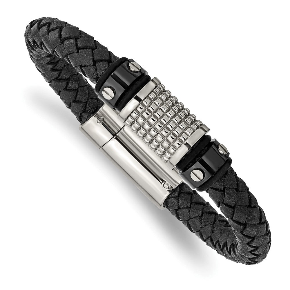 Stainless Steel Polished Black IP-plated Leather & Rubber Bracelet 8.5 inches