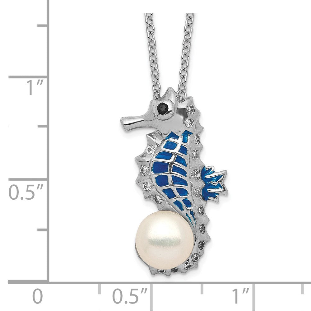 Cheryl M Sterling Silver Rhodium-plated Enameled Freshwater Cultured Pearl and Brilliant-cut CZ Seahorse 18 Inch Necklace 18 Inches