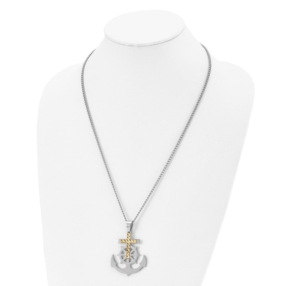 Stainless Steel Polished Yellow IP-plated D/C Cross/Anchor 24in Necklace
