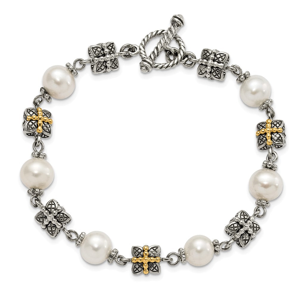 Sterling Silver w/ 14ky Accent Polished & Antiqued Freshwater Cultured Pearl Bracelet