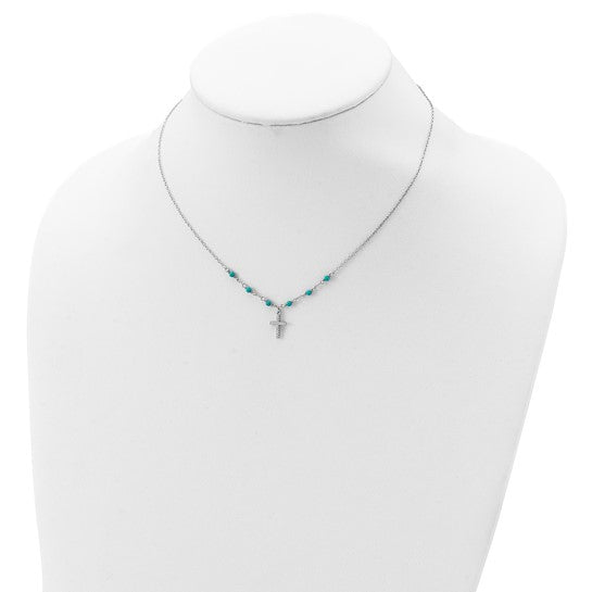 Sterling Silver RH-plated CZ Cross Synth. Turquoise 2in ext Necklace 16 Inches