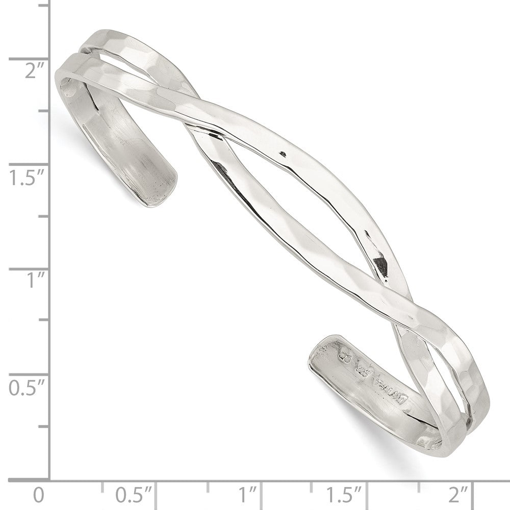 Sterling Silver Polished Hammered Criss Cross Cuff Bangle 7.5 inches