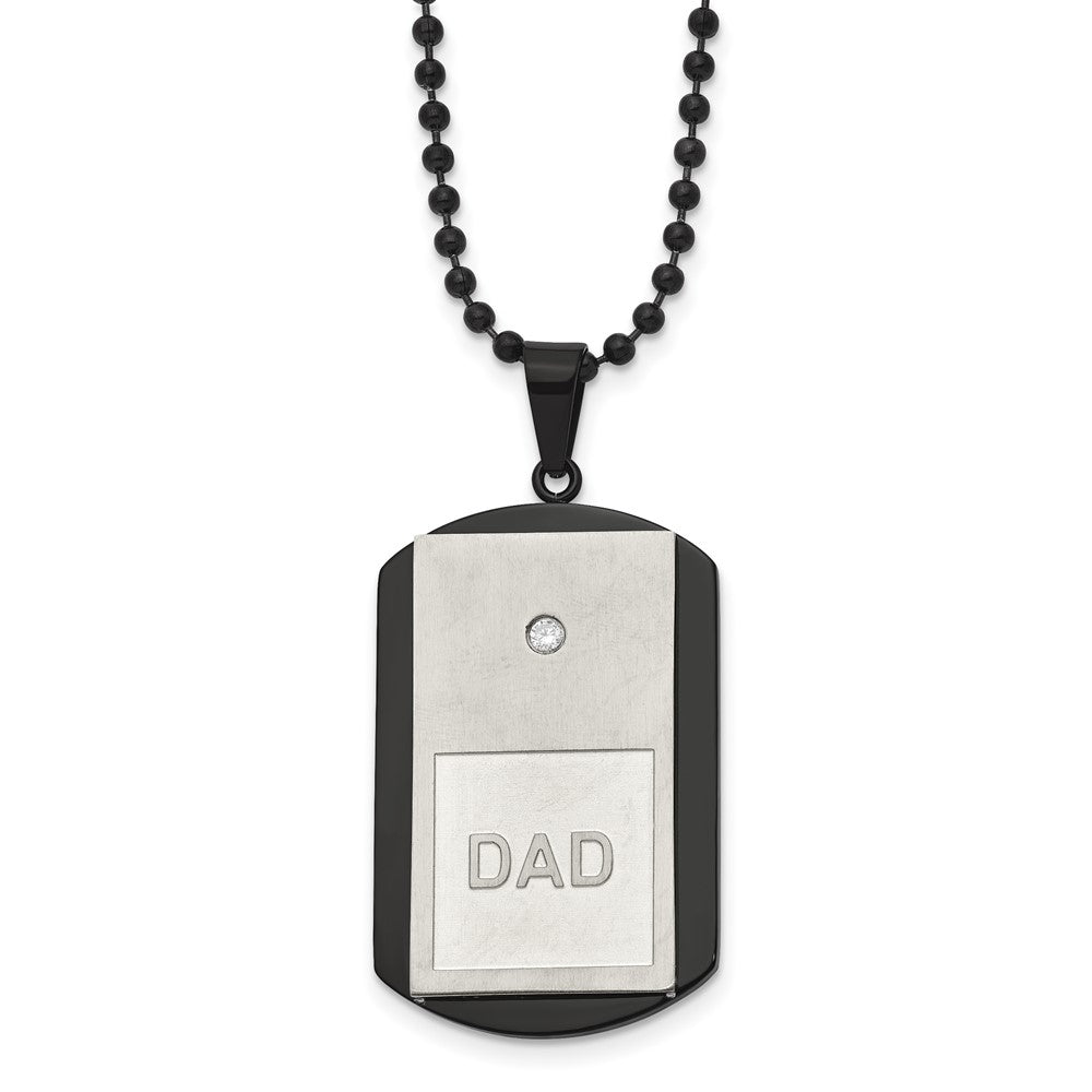 Stainless Steel Brushed & Polished Black IP w/CZ DAD Dog Tag Necklace