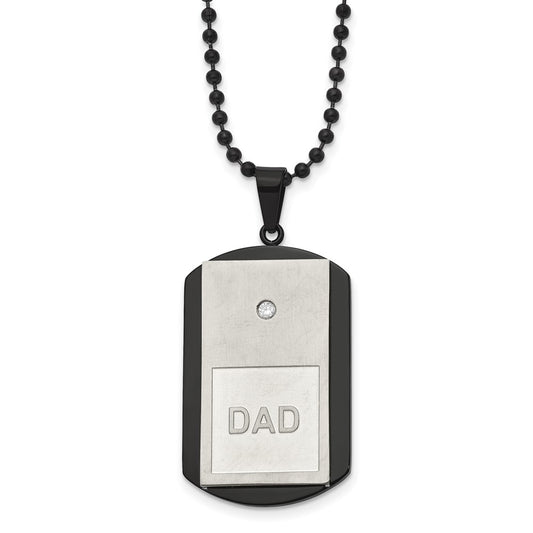 Stainless Steel Brushed & Polished Black IP w/CZ DAD Dog Tag Necklace