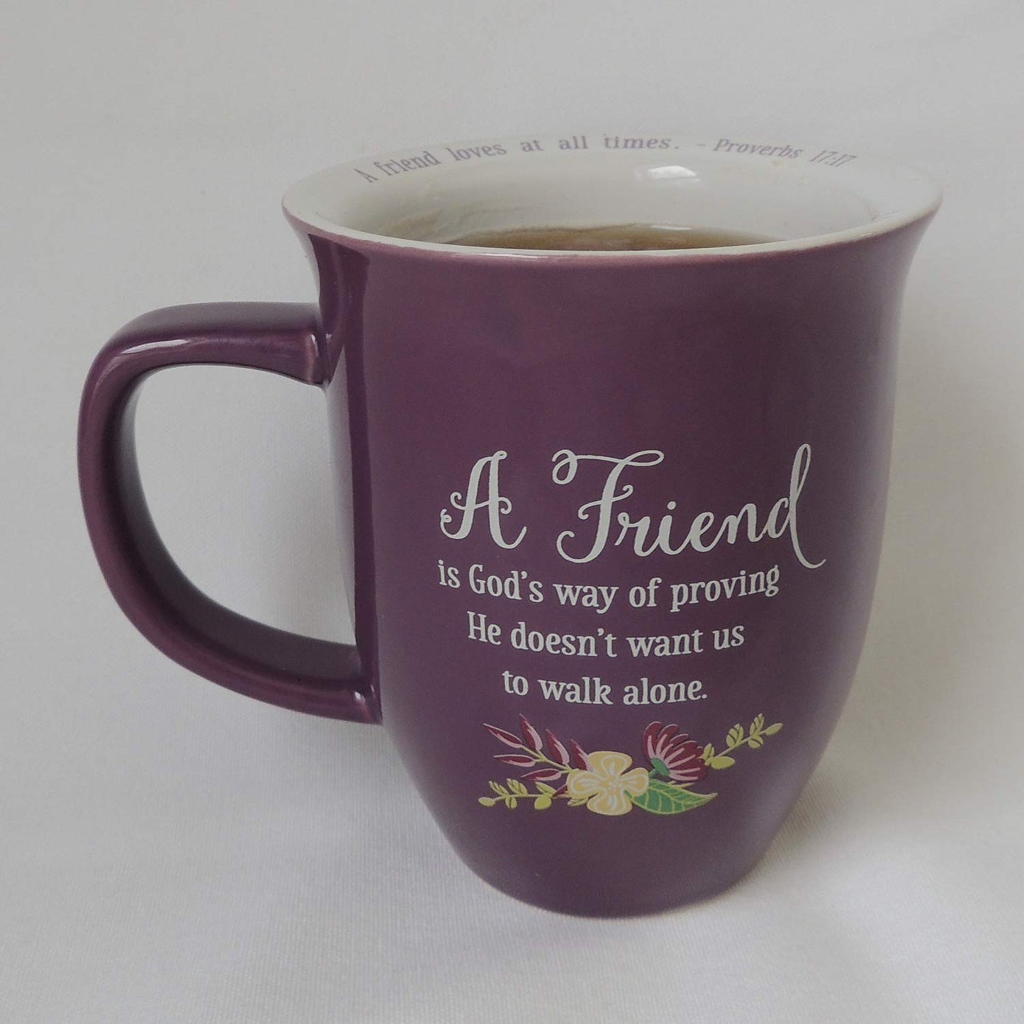 A FRIEND Proverbs 17:17 Purple Floral 14 oz. Ceramic Mug and Coaster Set Boxed QGM21144