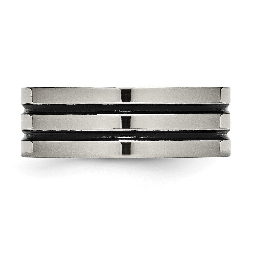 Titanium Polished Black Enamel Grooved 8mm Flat Band Size - 10.5