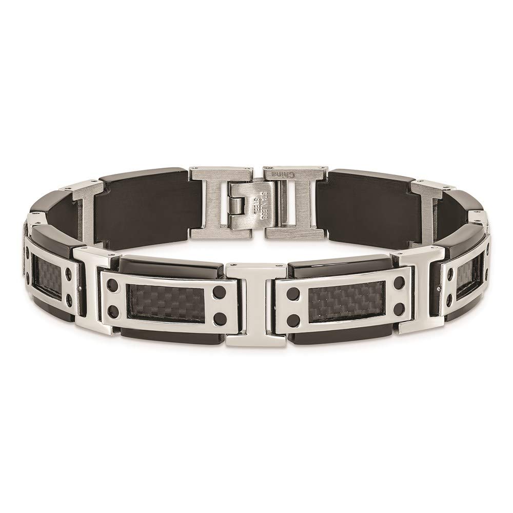 Stainless Steel Polished Black IP-plated w/Carbon Fiber Inlay 8.5in Bracele 8.5 inches