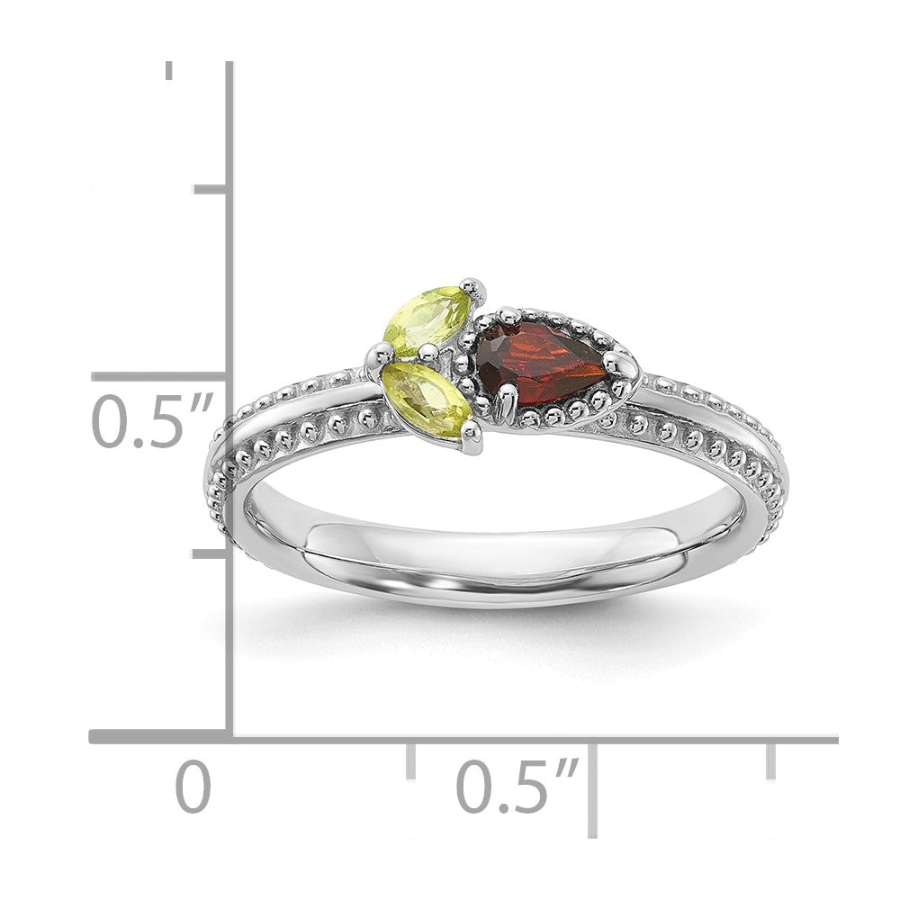 Sterling Silver Stackable Expressions Rhodium-plated Textured Garnet and Peridot Flower Ring Size -8