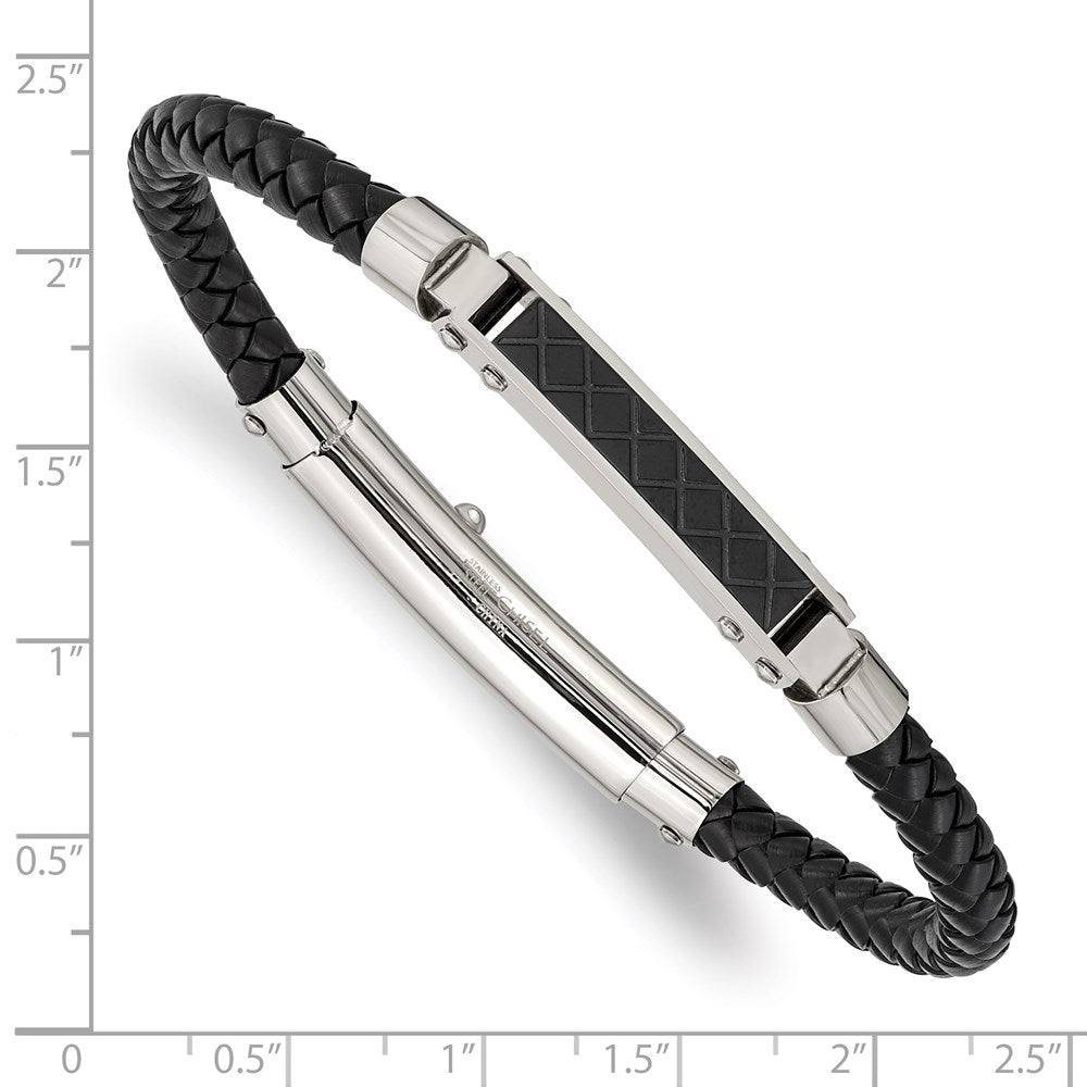 Stainless Steel Polished Black IP Black Leather Adjustable Bracelet