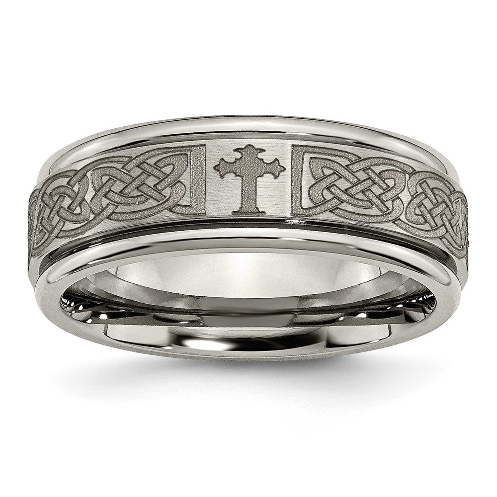 Titanium Brushed & Polished Cross Laser Design 8mm Ridged Edge Band Size - 13