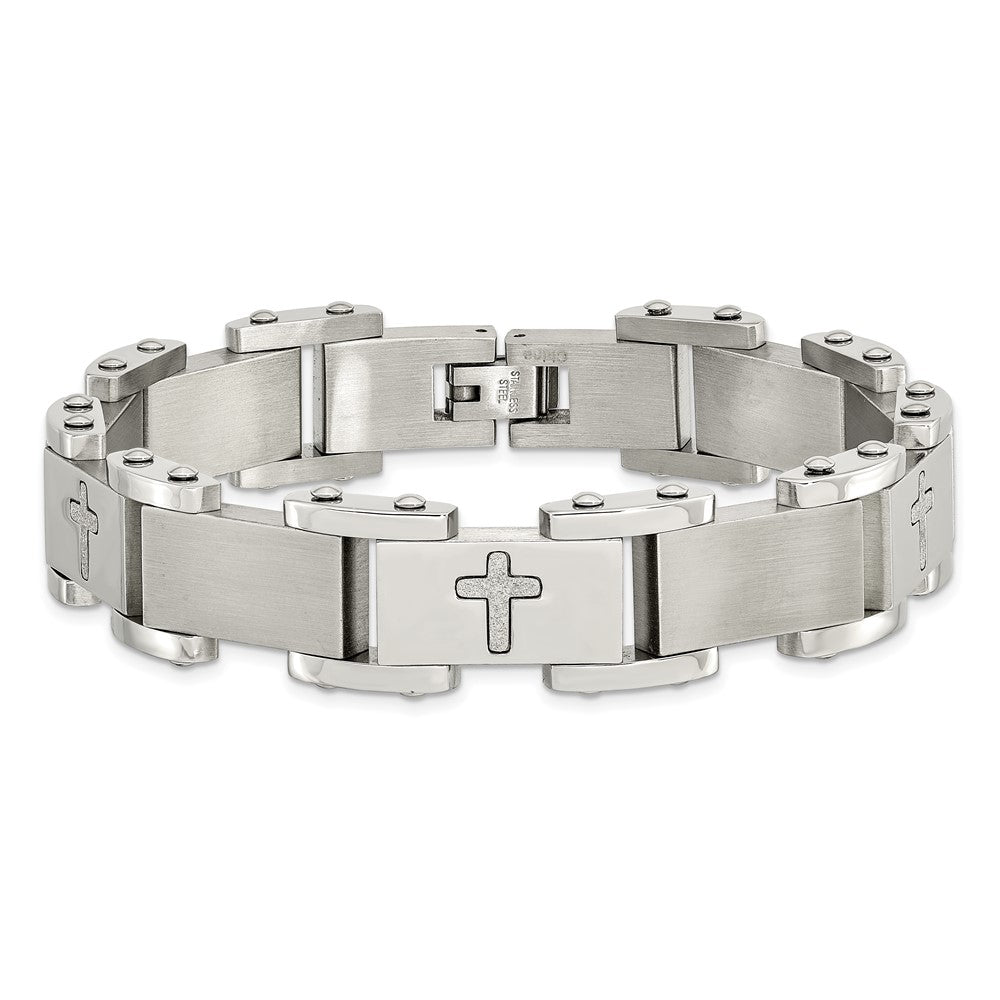 Stainless Steel Brushed Polished and Laser Cut Crosses 8.75in Bracelet 8.75 inches