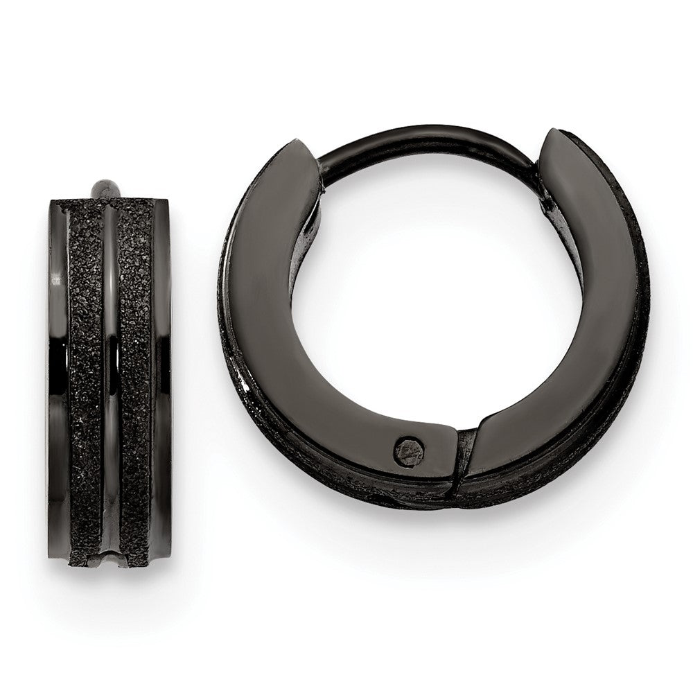Stainless Steel Polished Black IP Laser cut 4mm Hinged Hoop Earrings