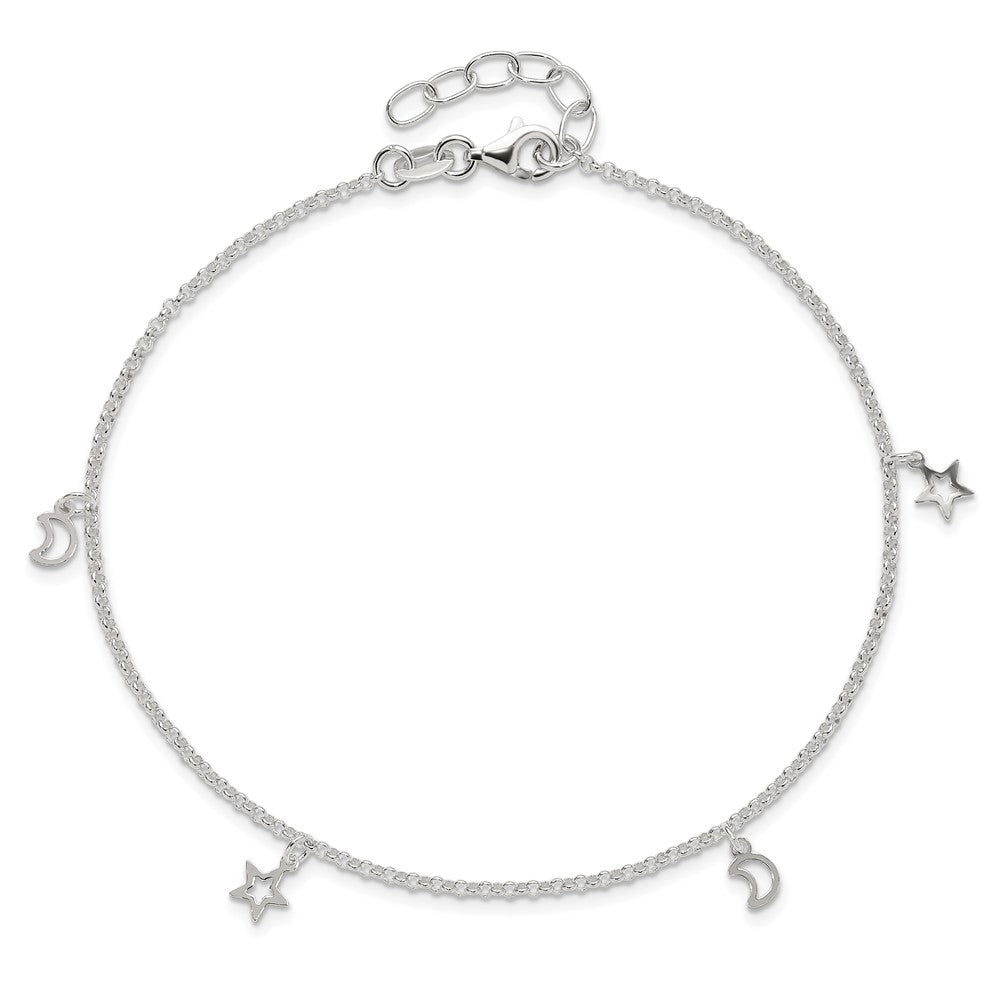 Sterling Silver Moon and Stars 9in Plus 1in Ext. Anklet 9 inches