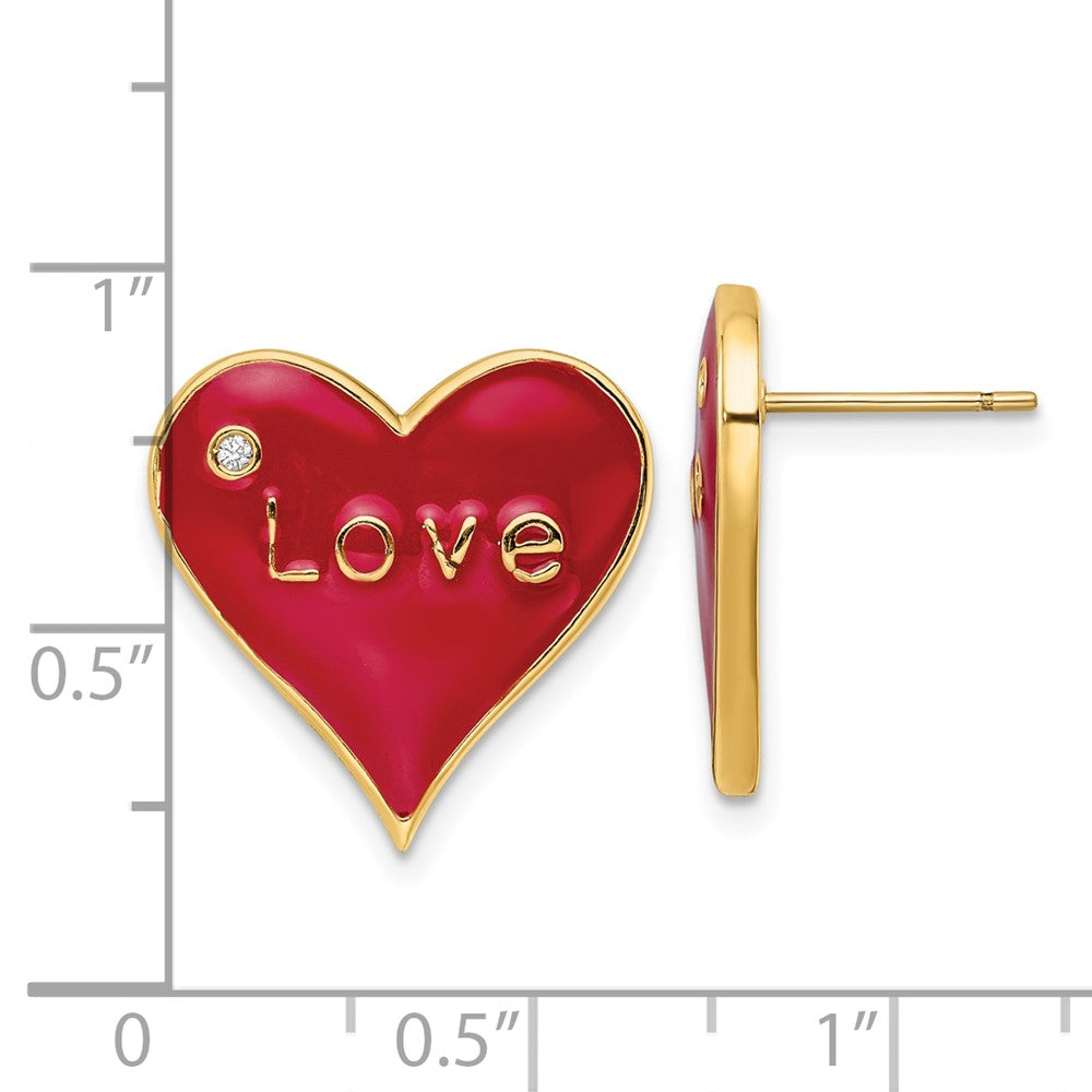 Brass Polished Red Enamel CZ Love Heart Post Earrings