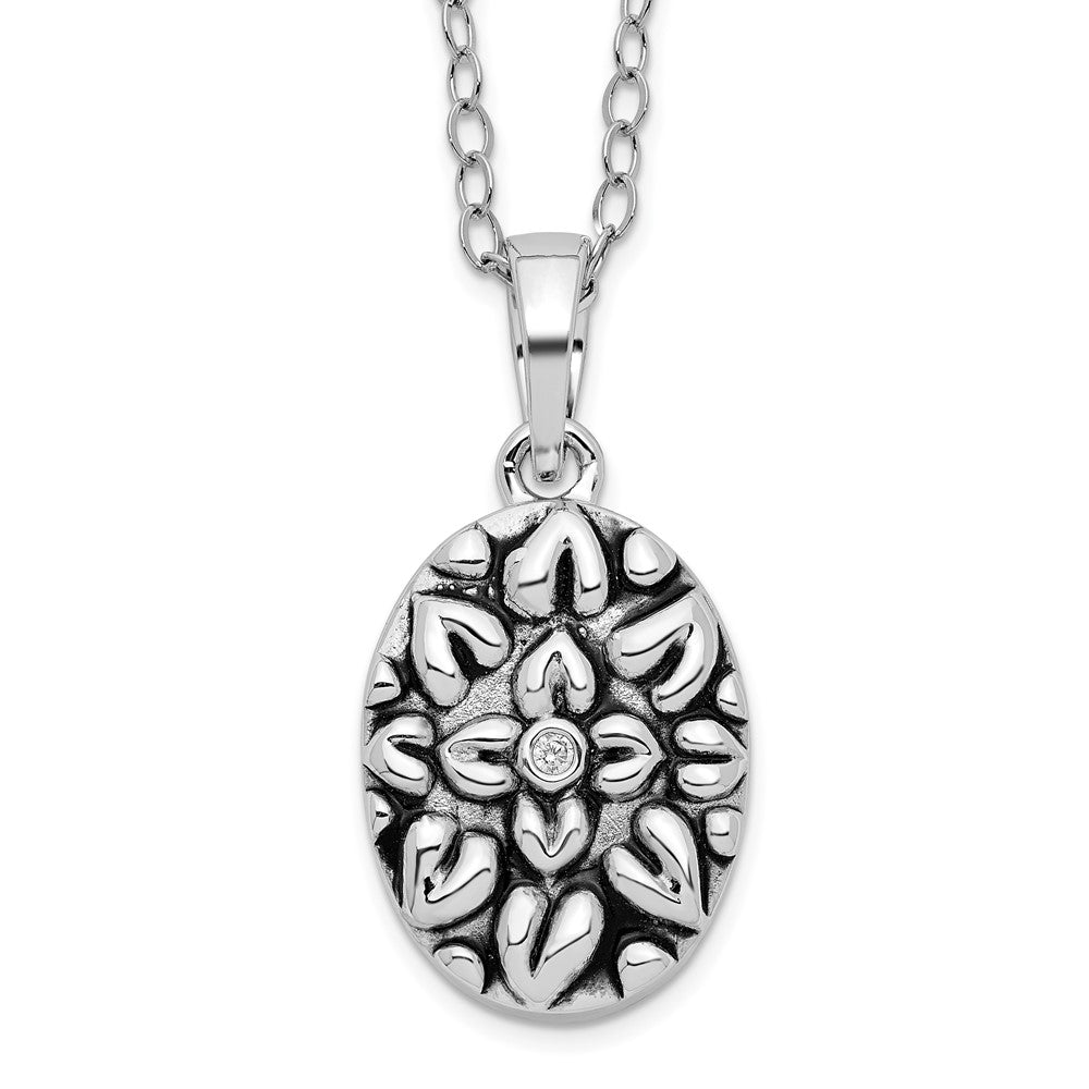 Sentimental Expressions Sterling Silver Rhodium-plated CZ Antiqued Flower Ash Holder 18 Inch Necklace 18 Inches