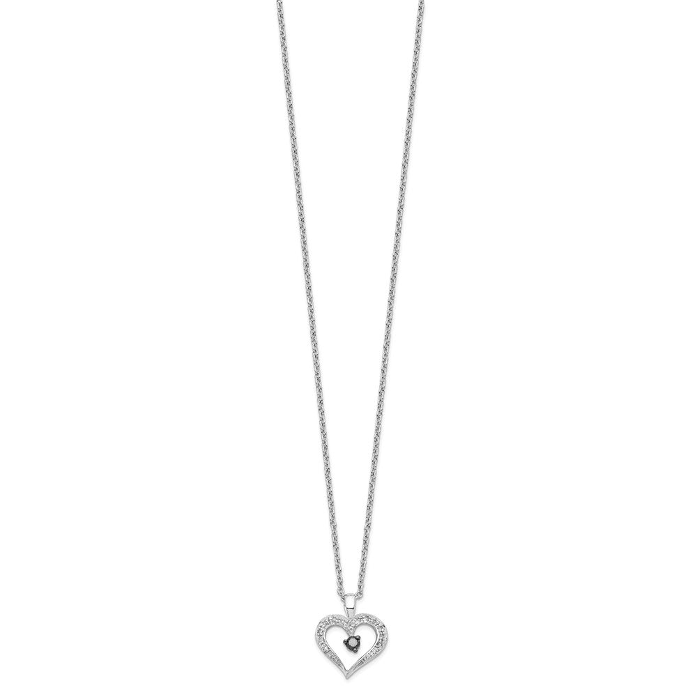 White Night Sterling Silver Rhodium-plated Black and White Diamond Heart 18 Inch Necklace with 2 Inch Extender 36 Inches
