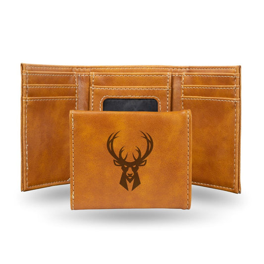 Basketball Rico Industries Milwaukee Bucks Brown Laser Engraved Trifold Laser Engraved Tri-Fold Wallet - Men's Accessory
