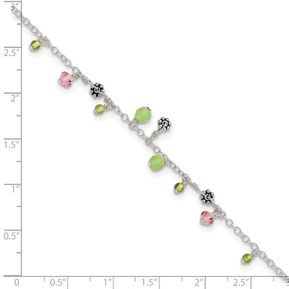 Sterling Silver 9in Pink Crystal Green Quartz Peridot Beads Anklet 9 inches