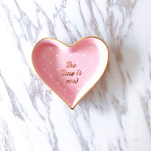 Heart-Shaped "The Time Is Now" Ceramic Trinket Plate and Decorative Jewelry Dish