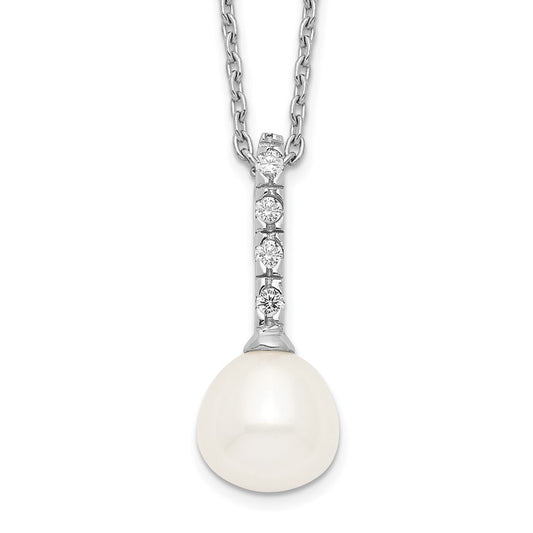 Sterling Silver Rhodium-plated 7-8mm White Teardrop Freshwater Cultured Pearl and CZ 17 inch Necklace 17 Inches