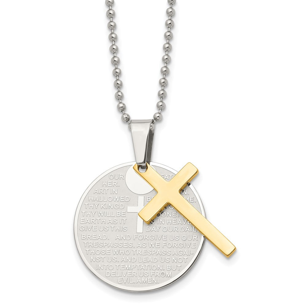 Stainless Steel Brushed/Polished Yellow IP Lords Prayer Cross Necklace