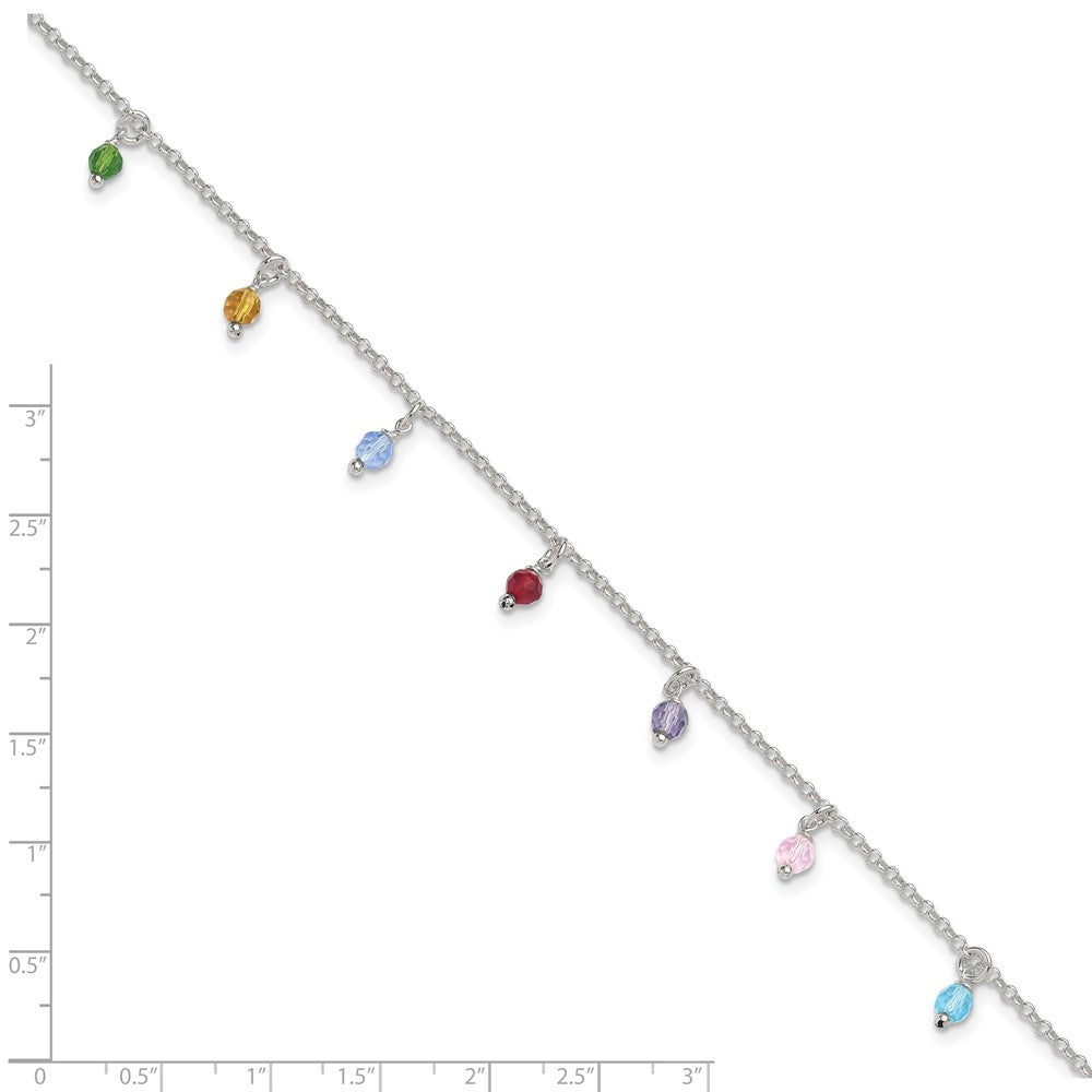 Sterling Silver Polished Multi-colored Beads 9in Plus 1in ext. Anklet 9 inches