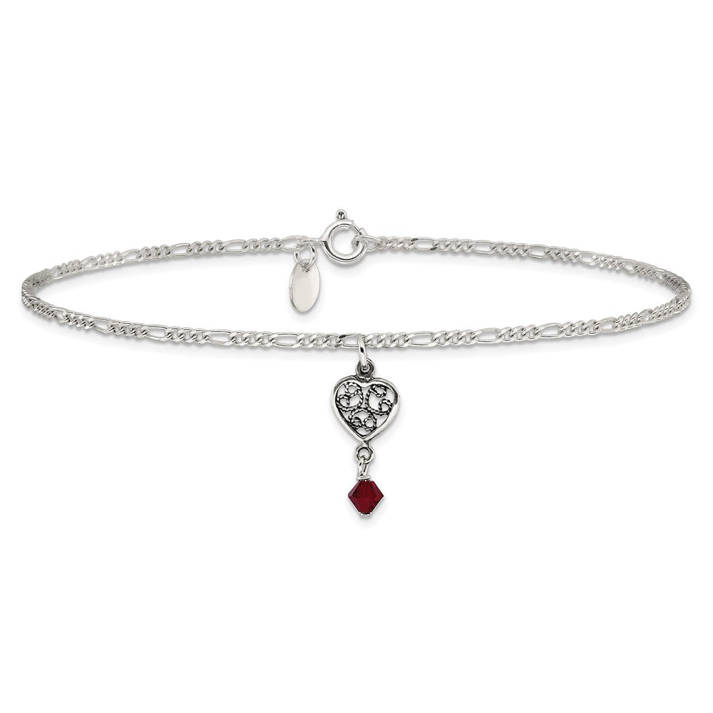 Sterling Silver Dark Pink Crystal Dangling Antiqued Heart 10 inch Anklet 10 inches