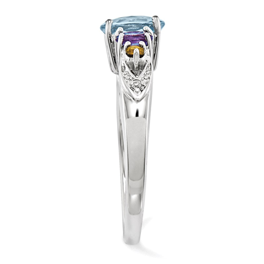 Sterling Silver Rhodium Lght Sw Blue Topaz, Amthyst, Citrine & Diam. Ring