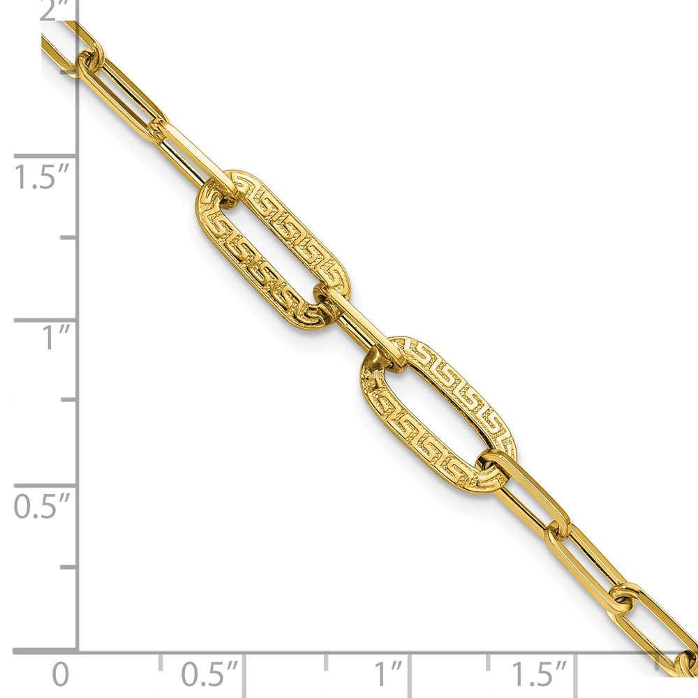 14K Polished Textured Greek Key Paperclip Link Bracelet 7.5  inches