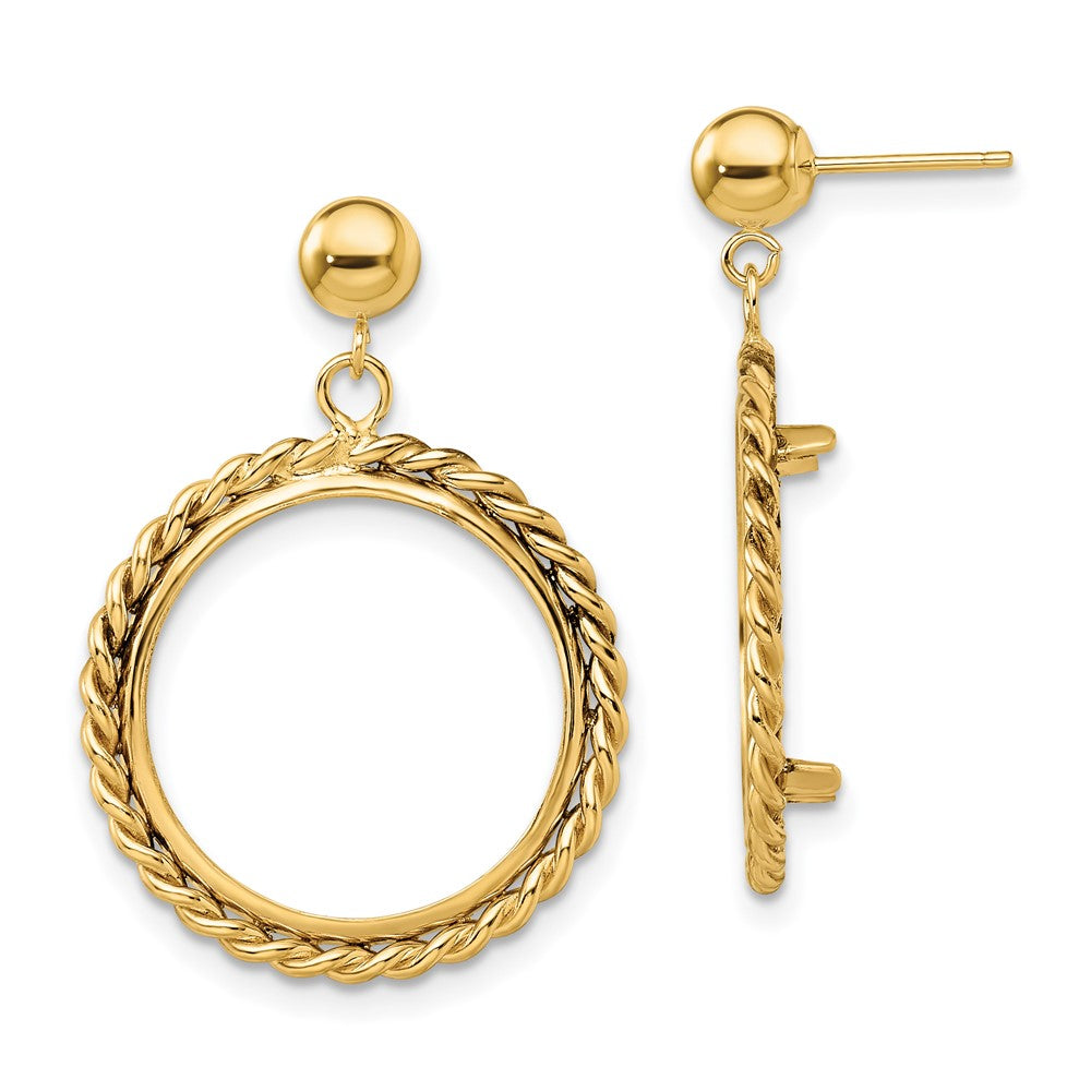 Wideband Distinguished Coin Jewelry 14k Polished Twisted Wire 17.8mm Prong Coin Bezel Post Dangle Earrings