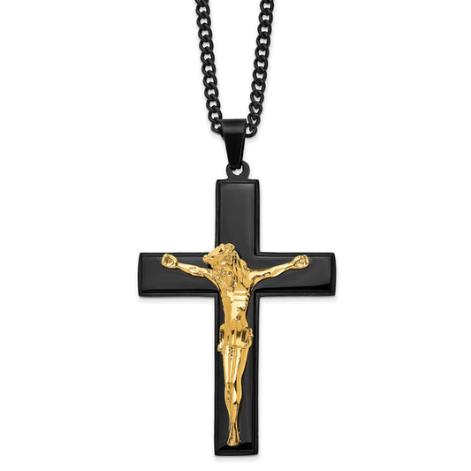 Stainless Steel Polished Black & Yellow IP-plated Crucifix 24in Necklace
