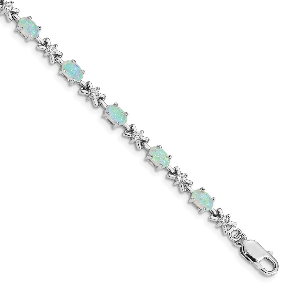 Sterling Silver Rhodium Plated 7inch CZ/Created Opal XO Bracelet 7 inches