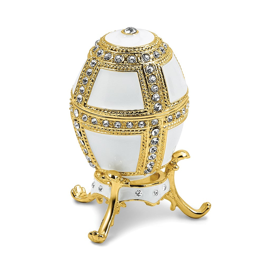 Luxury Giftware by Jere Bejeweled ALABASTER White Egg Trinket Box with Ring Insert and Matching 18 inch Necklace