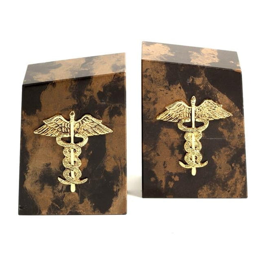 Bey-Berk International R11M Tiger Eye Marble Bookends with Gold Plated Medical Emblem - Brown