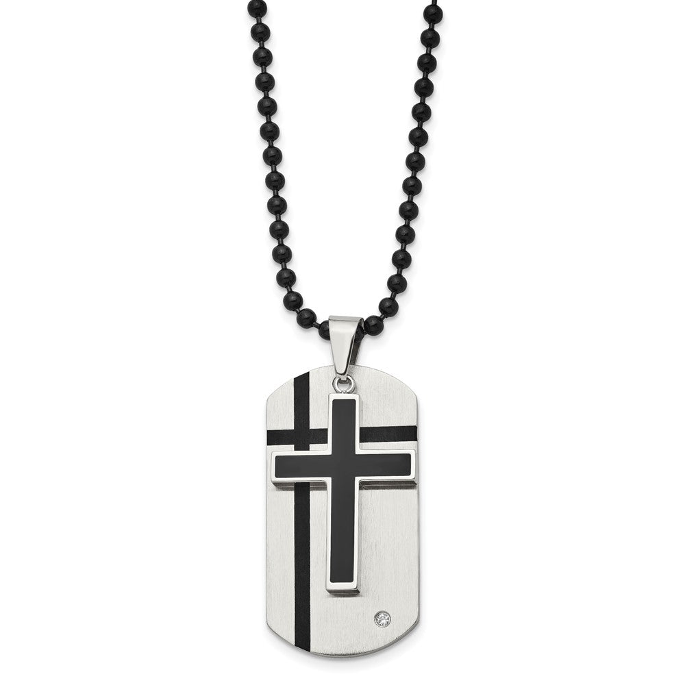 Stainless Steel Brushed w/Enamel & CZ 2 Piece Cross & Dog Tag Necklace