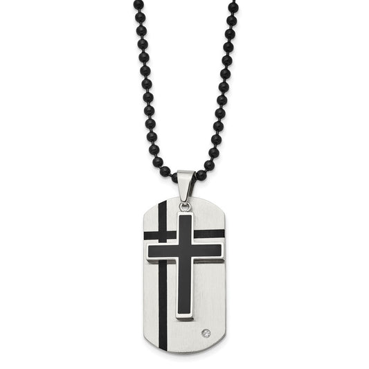 Stainless Steel Brushed w/Enamel & CZ 2 Piece Cross & Dog Tag Necklace