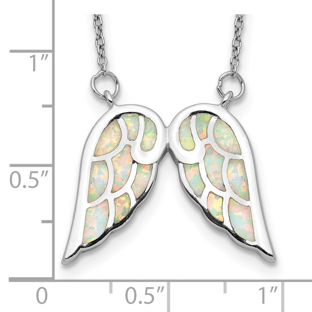 Sterling Silver Rhod-plated Created Opal Wings w/1.5in ext Necklace 16.5 Inches