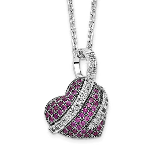 Brilliant Embers Sterling Silver Rhodium-plated 68 Stone 18 inch Micro Pav‚ Pink and White CZ Heart Necklace with 2 Inch Extender 18 Inches