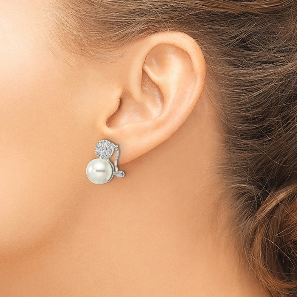 Sterling Silver Imitation Shell Pearl and CZ Omega Back Earrings