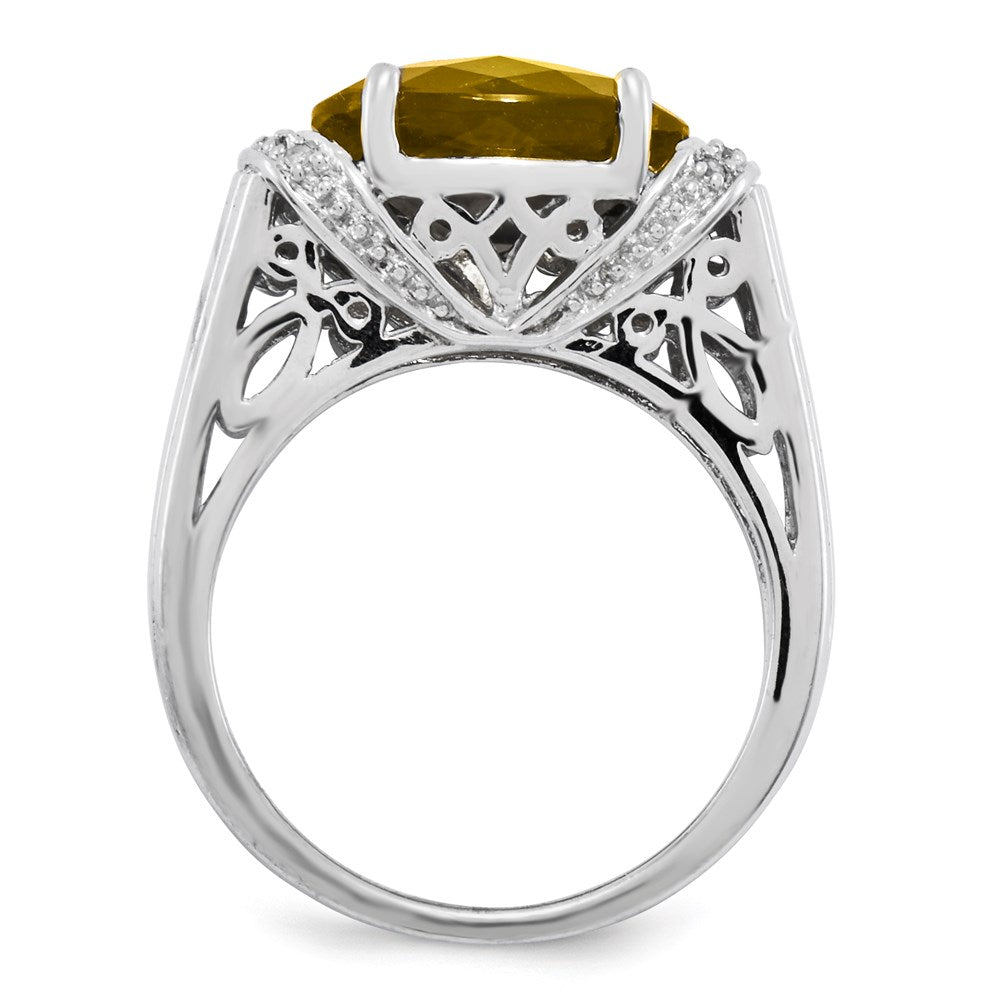Sterling Silver Rhodium-plated Oval Checker-Cut Whiskey Quartz Ring