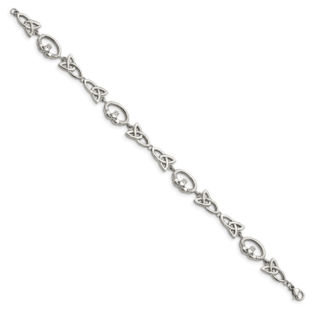 Stainless Steel Polished Claddagh and Trinity Knot 7.75in Bracelet