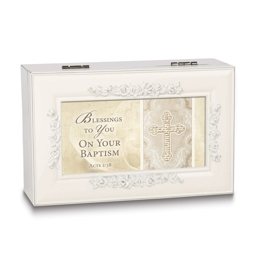 Blessings On Your Baptism White Polymer Musical (Plays Jesus Loves Me) Jewelry Box with Black Velvety Lining