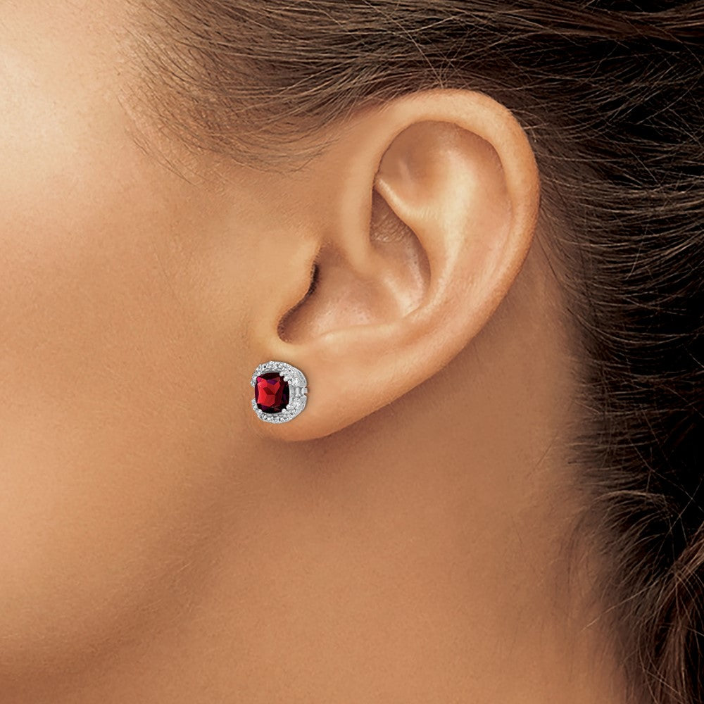 14k White Gold Cushion Garnet and Diamond Halo Earrings