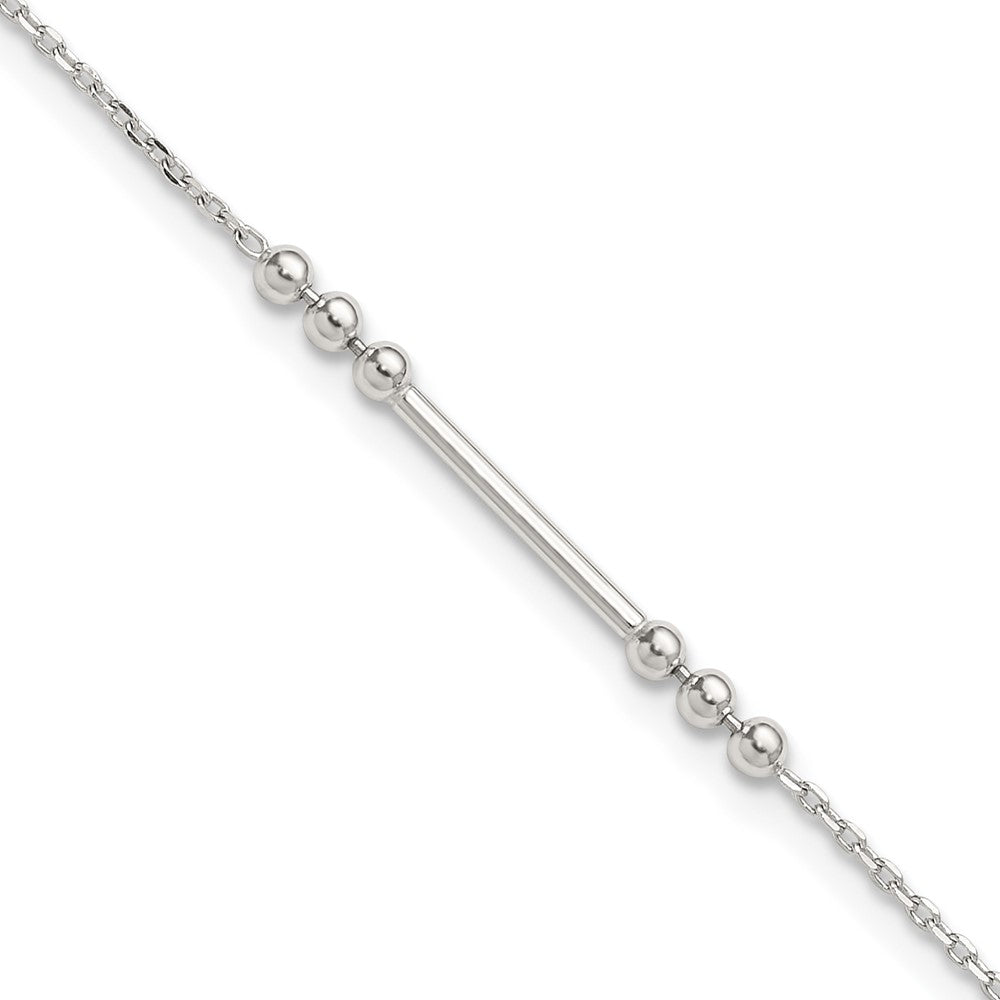 Sterling Silver Polished Beads and Bar 9 inch with 1 inch Extension Anklet