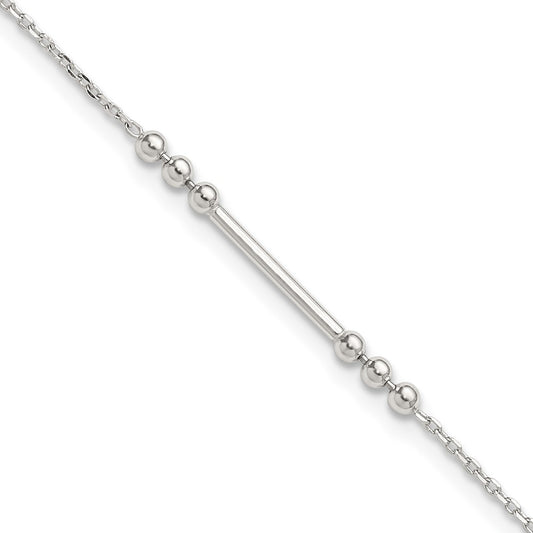 Sterling Silver Polished Beads and Bar 9 inch with 1 inch Extension Anklet