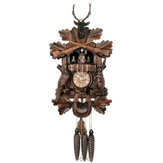 One Day Musical Hunter's Cuckoo Clock with Dancers, Hand-carved Animals, and Buck