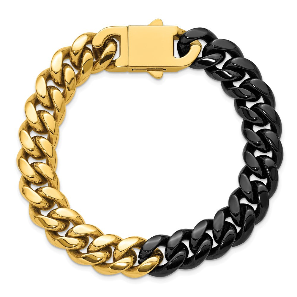 Chisel Stainless Steel Polished Black and Yellow IP-plated 12mm 8.25 inch Curb Link Bracelet 8.25 inches