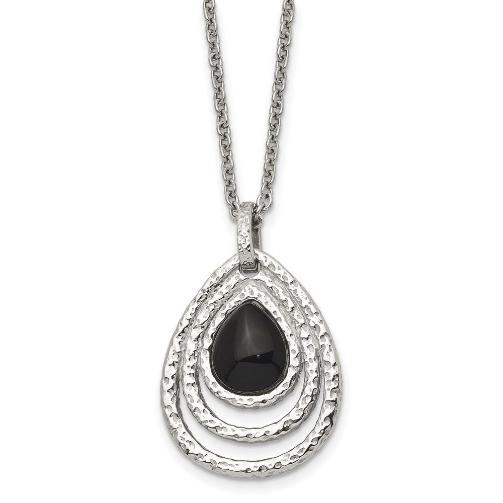 Stainless Steel Polished & Textured Black Onyx 18in w/2in ext Necklace