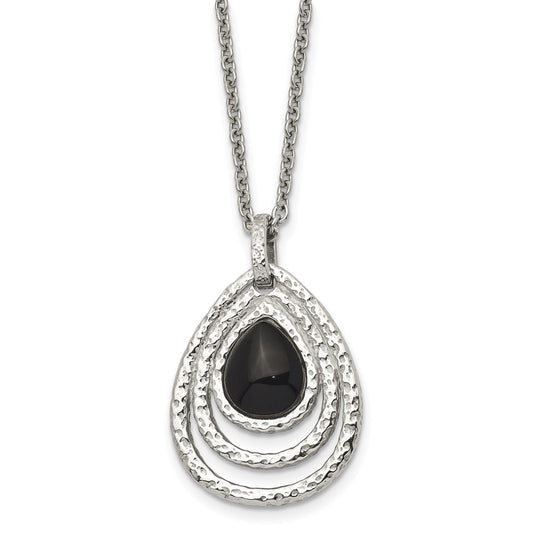 Stainless Steel Polished & Textured Black Onyx 18in w/2in ext Necklace