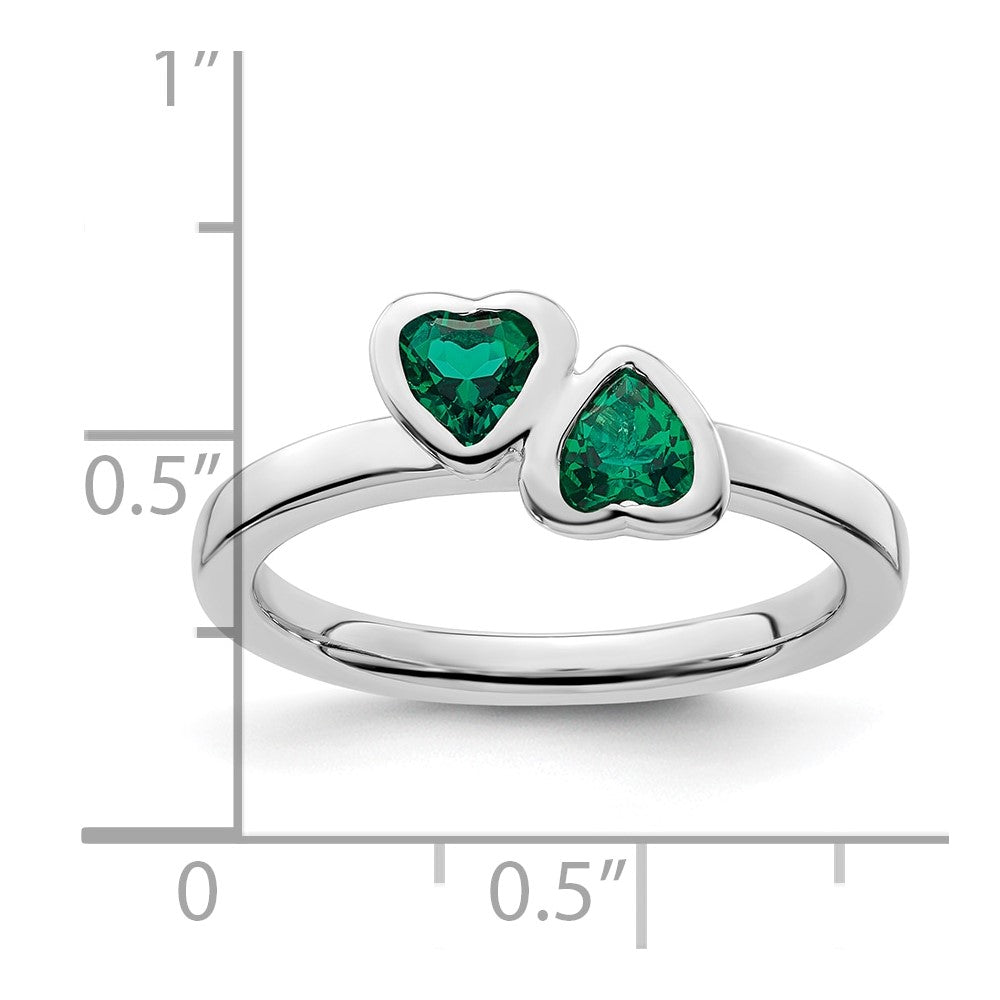 Sterling Silver Stackable Expressions Cr. Emerald Double Heart Ring Size -9